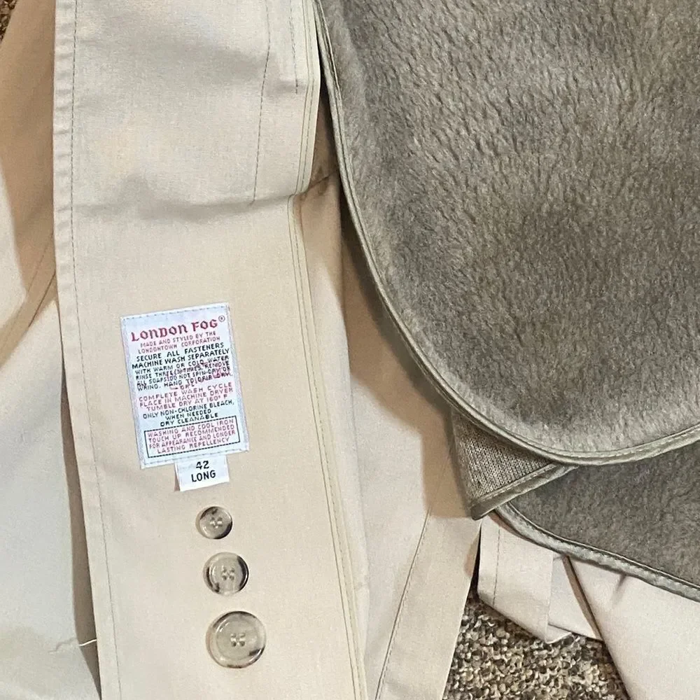VTG,London Fog Men's Beige Trench Coat Lined Double-Breasted Zip Out Sz, 42 Long